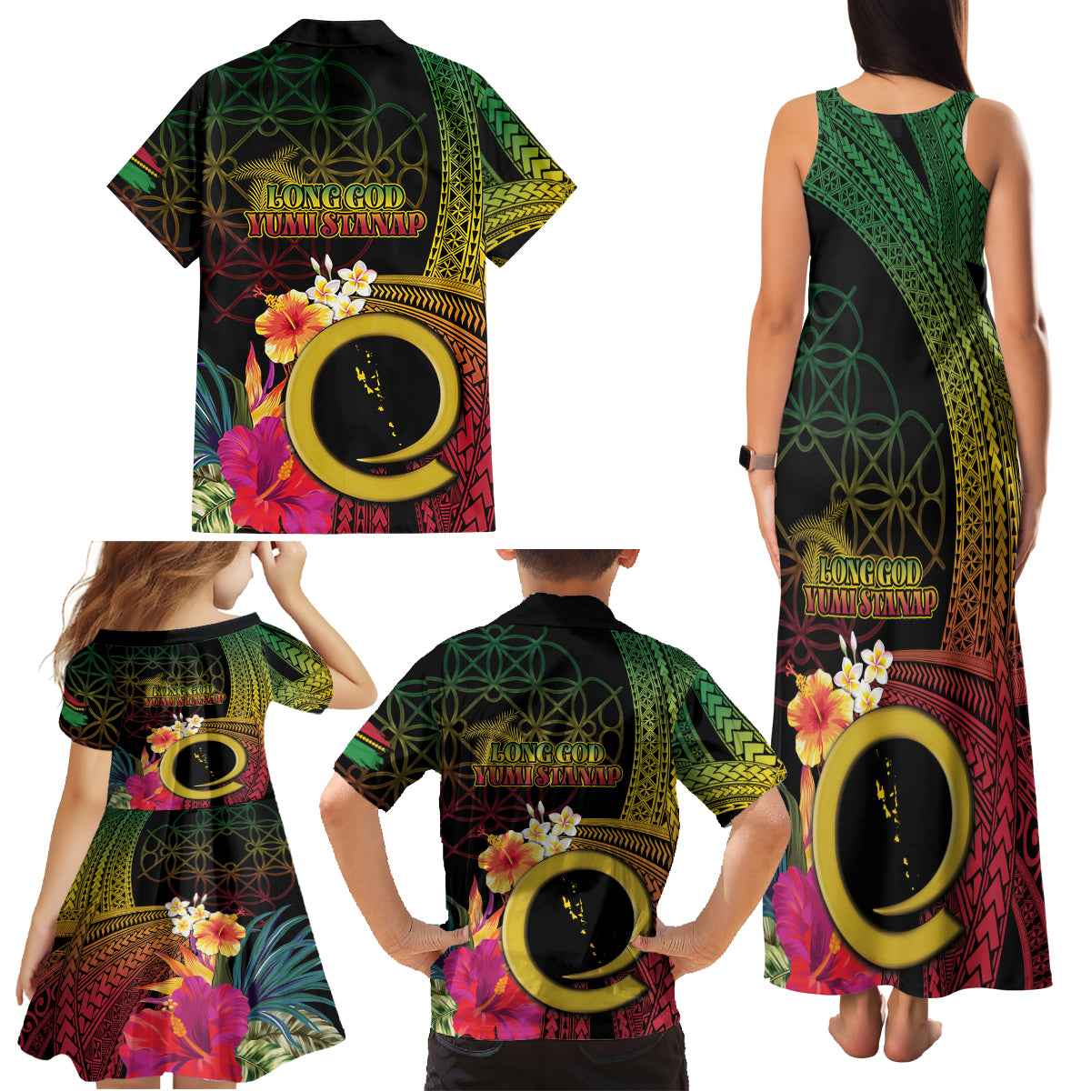 Vanuatu Independence Day Family Matching Tank Maxi Dress and Hawaiian Shirt Sand Drawing Melanesian Vibes