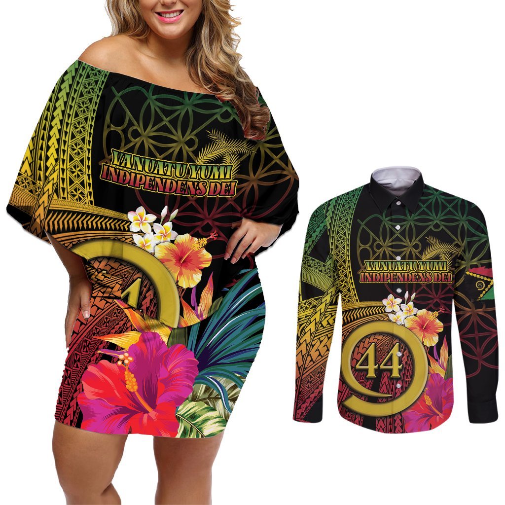Vanuatu Selebretem 44th Indipendens Dei Couples Matching Off Shoulder Short Dress and Long Sleeve Button Shirt Sand Drawing Melanesian Vibes LT03 Black - Polynesian Pride