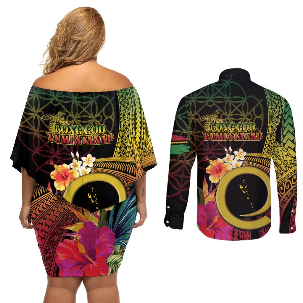 Vanuatu Selebretem 44th Indipendens Dei Couples Matching Off Shoulder Short Dress and Long Sleeve Button Shirt Sand Drawing Melanesian Vibes LT03 - Polynesian Pride