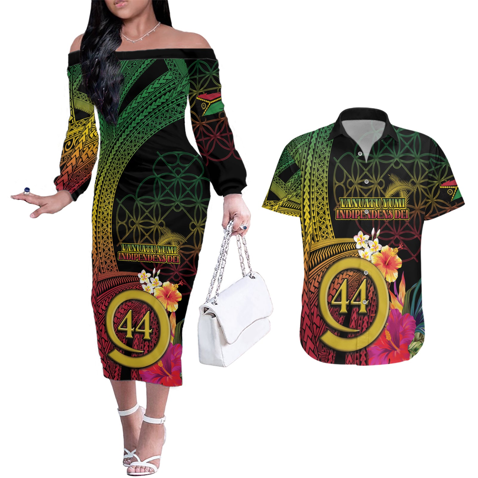 Vanuatu Selebretem 44th Indipendens Dei Couples Matching Off The Shoulder Long Sleeve Dress and Hawaiian Shirt Sand Drawing Melanesian Vibes