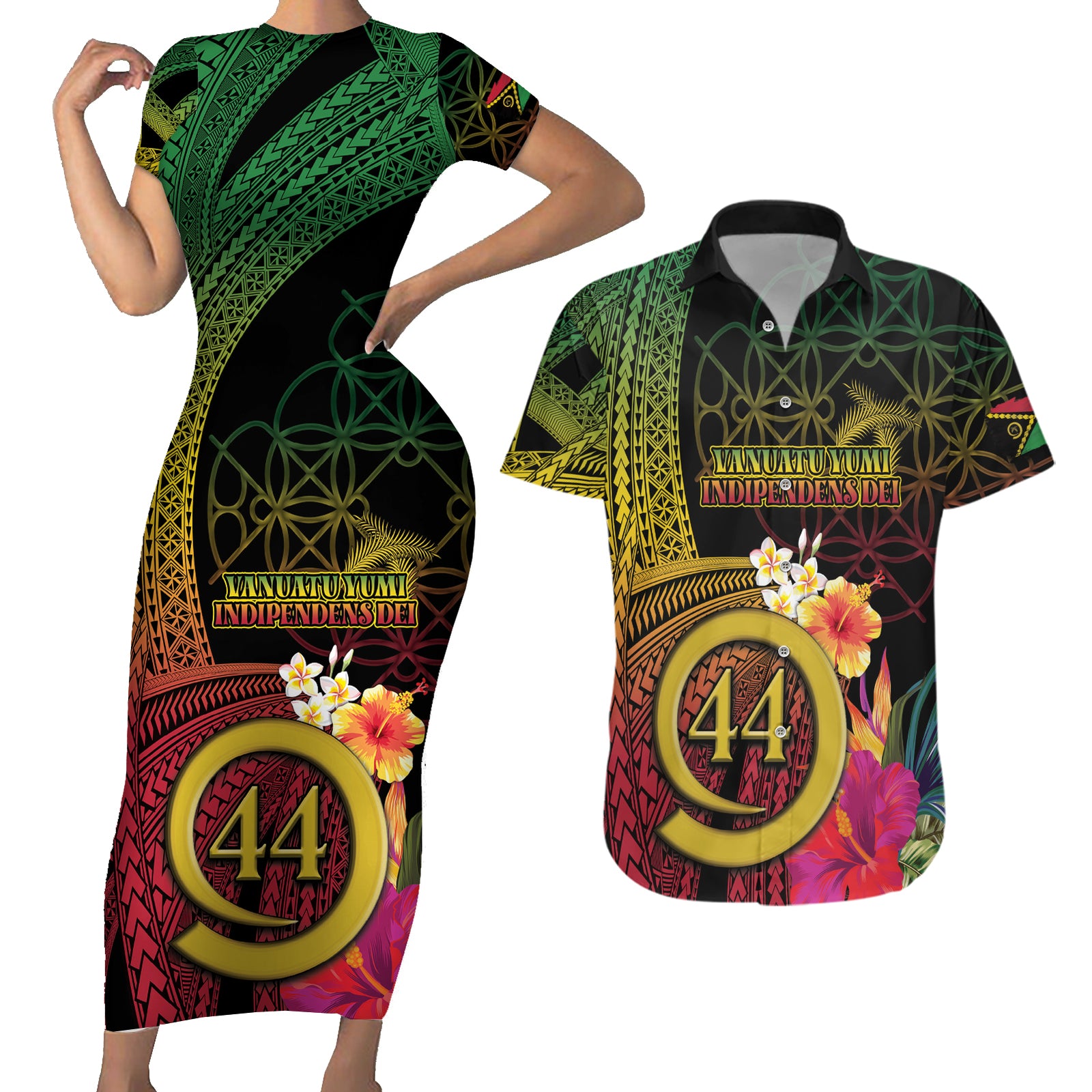 Vanuatu Selebretem 44th Indipendens Dei Couples Matching Short Sleeve Bodycon Dress and Hawaiian Shirt Sand Drawing Melanesian Vibes