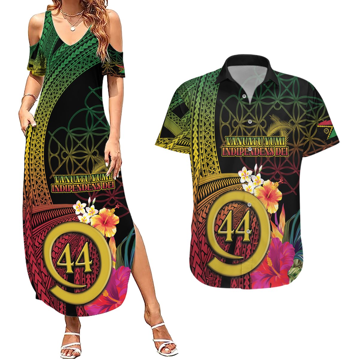 Vanuatu Selebretem 44th Indipendens Dei Couples Matching Summer Maxi Dress and Hawaiian Shirt Sand Drawing Melanesian Vibes