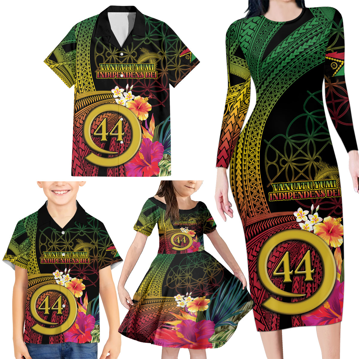 Vanuatu Selebretem 44th Indipendens Dei Family Matching Long Sleeve Bodycon Dress and Hawaiian Shirt Sand Drawing Melanesian Vibes LT03 - Polynesian Pride