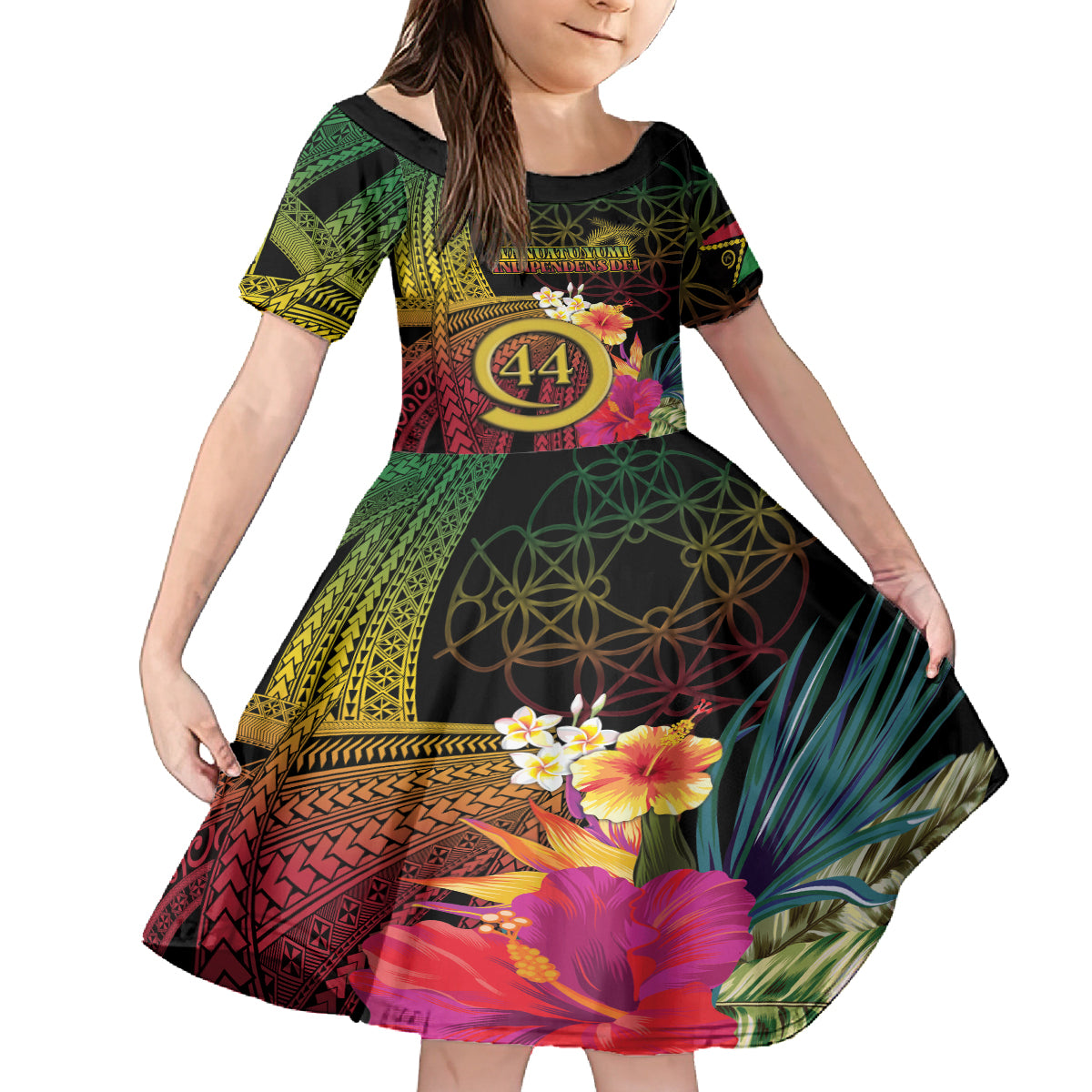 Vanuatu Selebretem 44th Indipendens Dei Family Matching Off Shoulder Maxi Dress and Hawaiian Shirt Sand Drawing Melanesian Vibes LT03 Daughter's Dress Black - Polynesian Pride