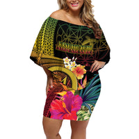 Vanuatu Selebretem 44th Indipendens Dei Family Matching Off Shoulder Short Dress and Hawaiian Shirt Sand Drawing Melanesian Vibes