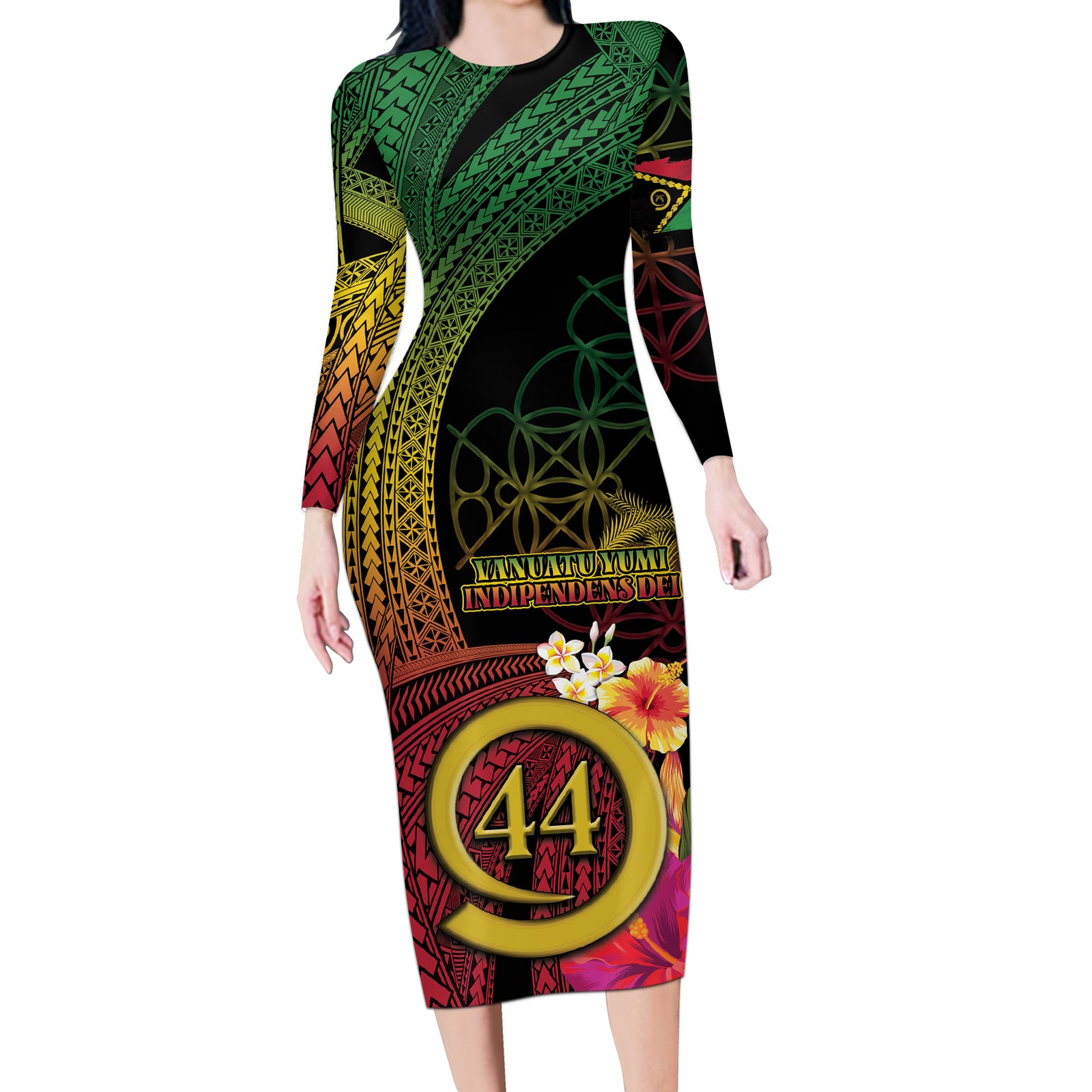 Vanuatu Selebretem 44th Indipendens Dei Long Sleeve Bodycon Dress Sand Drawing Melanesian Vibes
