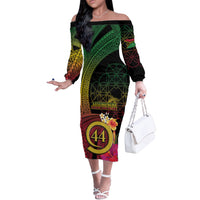 Vanuatu Selebretem 44th Indipendens Dei Off The Shoulder Long Sleeve Dress Sand Drawing Melanesian Vibes LT03 Women Black - Polynesian Pride