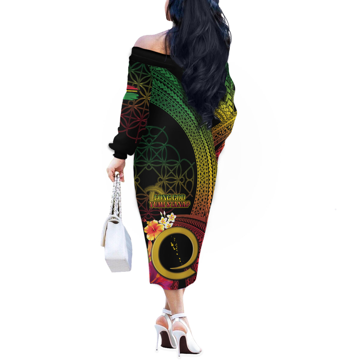 Vanuatu Selebretem 44th Indipendens Dei Off The Shoulder Long Sleeve Dress Sand Drawing Melanesian Vibes LT03 - Polynesian Pride