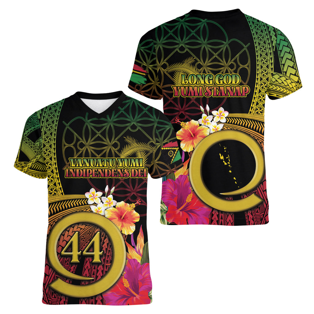 Vanuatu Selebretem 44th Indipendens Dei Women V-Neck T-Shirt Sand Drawing Melanesian Vibes