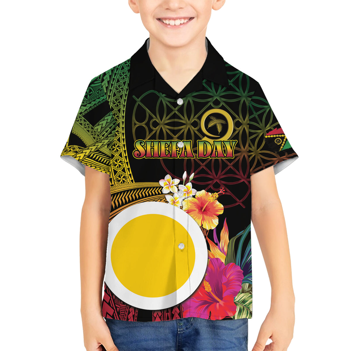 Vanuatu Shefa Day Family Matching Off Shoulder Short Dress and Hawaiian Shirt Sand Drawing Melanesian