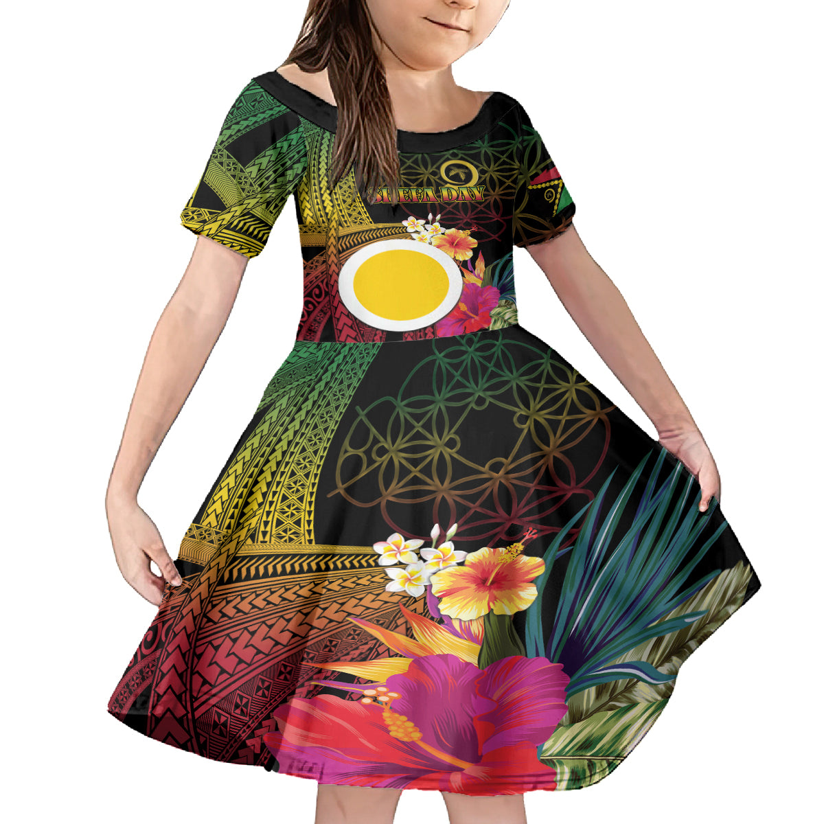 Vanuatu Shefa Day Family Matching Puletasi and Hawaiian Shirt Sand Drawing Melanesian LT03 Daughter's Dress Black - Polynesian Pride