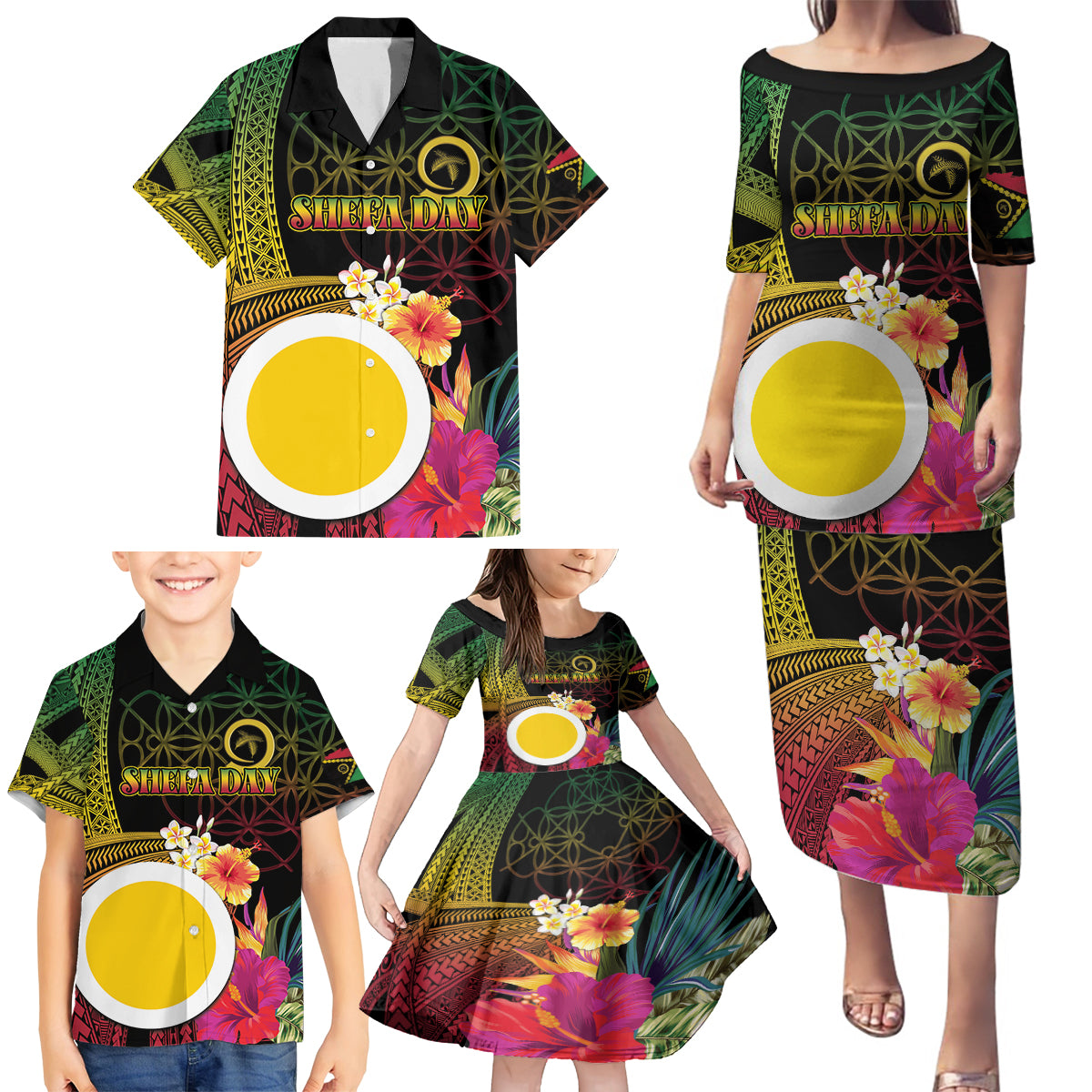Vanuatu Shefa Day Family Matching Puletasi and Hawaiian Shirt Sand Drawing Melanesian LT03 - Polynesian Pride