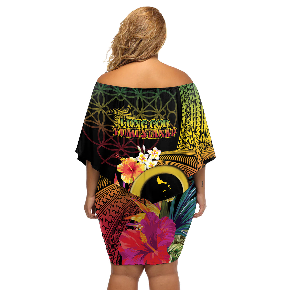 Vanuatu Shefa Day Off Shoulder Short Dress Sand Drawing Melanesian