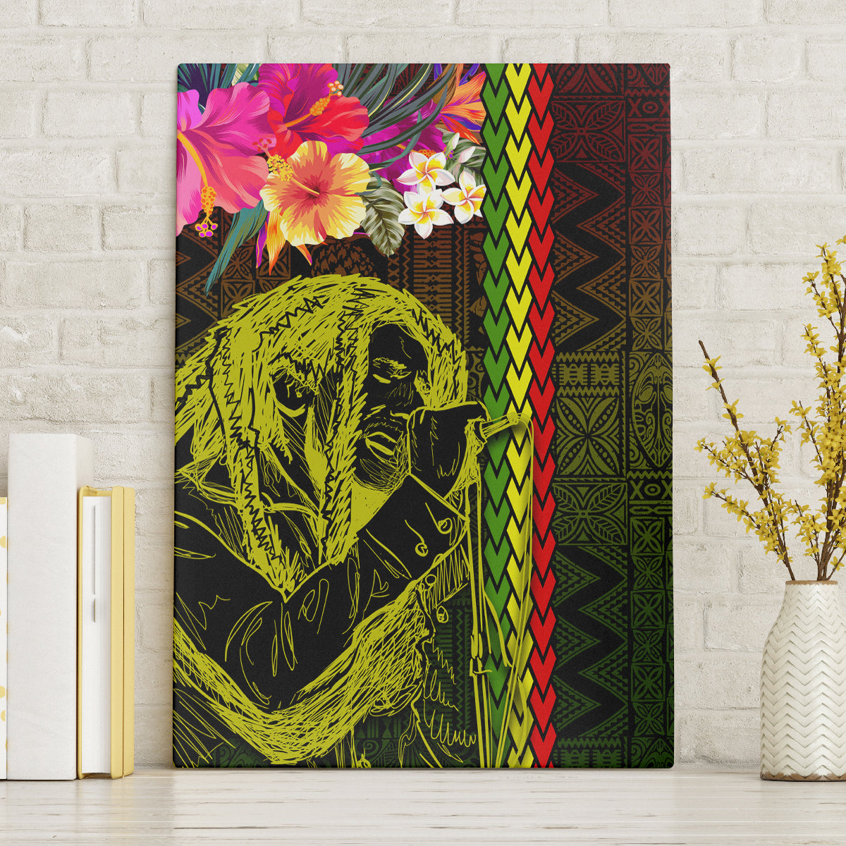 Hawaiian Reggae Music Canvas Wall Art Jamaica Singer Tribal Polynesian and Hibiscus