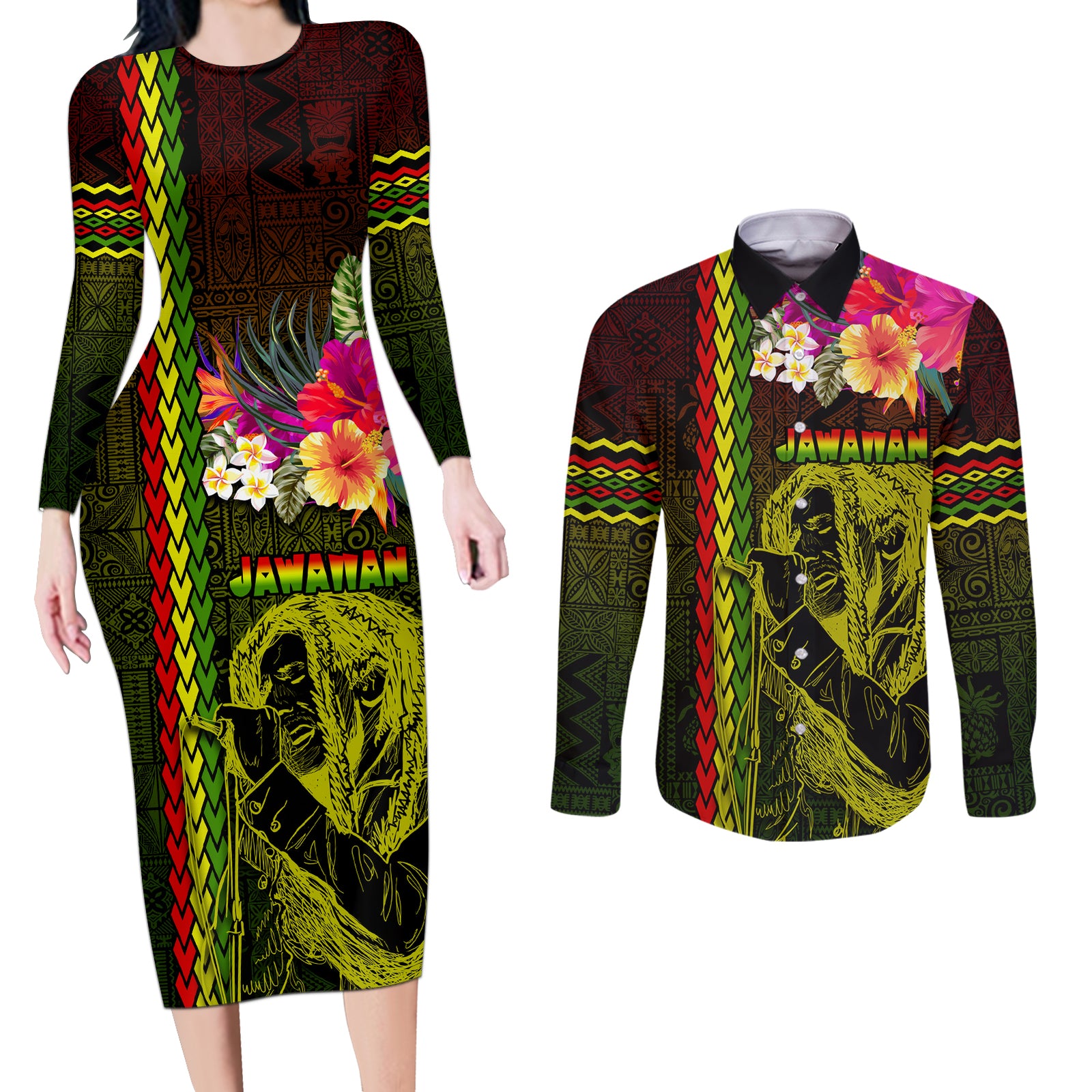 Hawaiian Reggae Music Couples Matching Long Sleeve Bodycon Dress and Long Sleeve Button Shirt Jamaica Singer Tribal Polynesian and Hibiscus