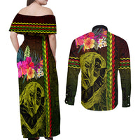 Hawaiian Reggae Music Couples Matching Off Shoulder Maxi Dress and Long Sleeve Button Shirt Jamaica Singer Tribal Polynesian and Hibiscus