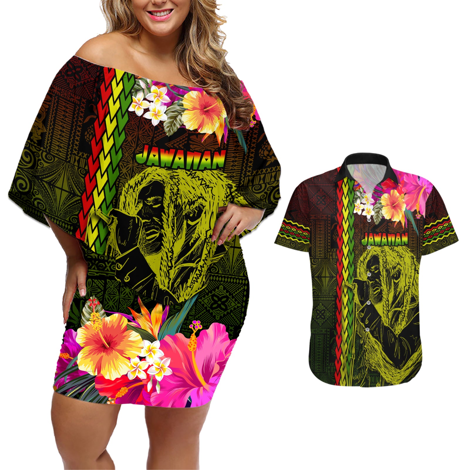 Hawaiian Reggae Music Couples Matching Off Shoulder Short Dress and Hawaiian Shirt Jamaica Singer Tribal Polynesian and Hibiscus