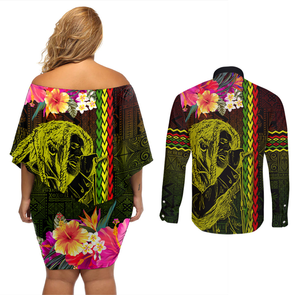 Hawaiian Reggae Music Couples Matching Off Shoulder Short Dress and Long Sleeve Button Shirt Jamaica Singer Tribal Polynesian and Hibiscus