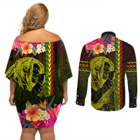 Hawaiian Reggae Music Couples Matching Off Shoulder Short Dress and Long Sleeve Button Shirt Jamaica Singer Tribal Polynesian and Hibiscus