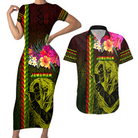 Hawaiian Reggae Music Couples Matching Short Sleeve Bodycon Dress and Hawaiian Shirt Jamaica Singer Tribal Polynesian and Hibiscus LT03 Black - Polynesian Pride