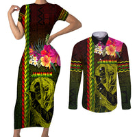 Hawaiian Reggae Music Couples Matching Short Sleeve Bodycon Dress and Long Sleeve Button Shirt Jamaica Singer Tribal Polynesian and Hibiscus