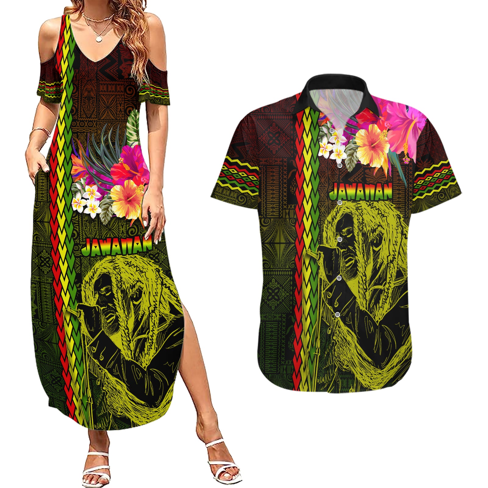 Hawaiian Reggae Music Couples Matching Summer Maxi Dress and Hawaiian Shirt Jamaica Singer Tribal Polynesian and Hibiscus