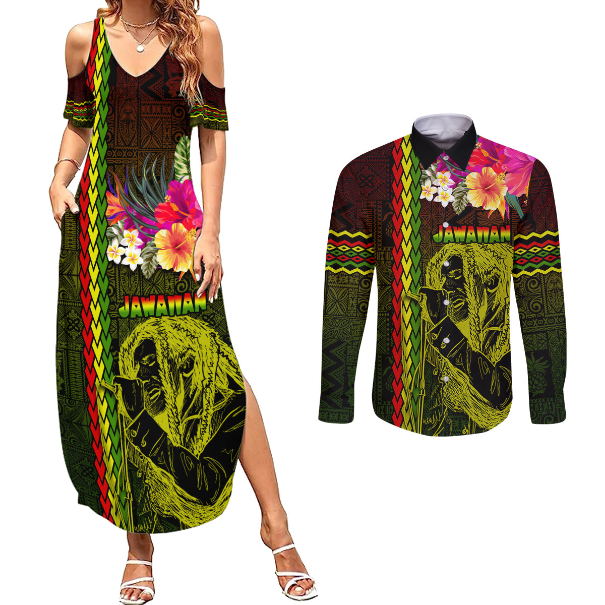 Hawaiian Reggae Music Couples Matching Summer Maxi Dress and Long Sleeve Button Shirt Jamaica Singer Tribal Polynesian and Hibiscus