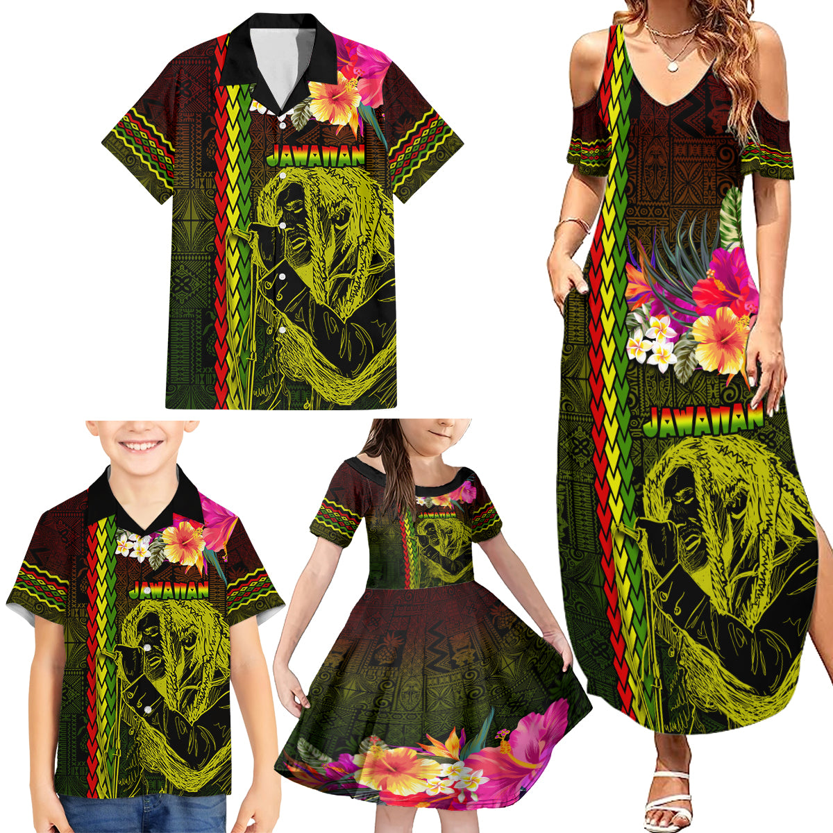 Hawaiian Reggae Music Family Matching Summer Maxi Dress and Hawaiian Shirt Jamaica Singer Tribal Polynesian and Hibiscus