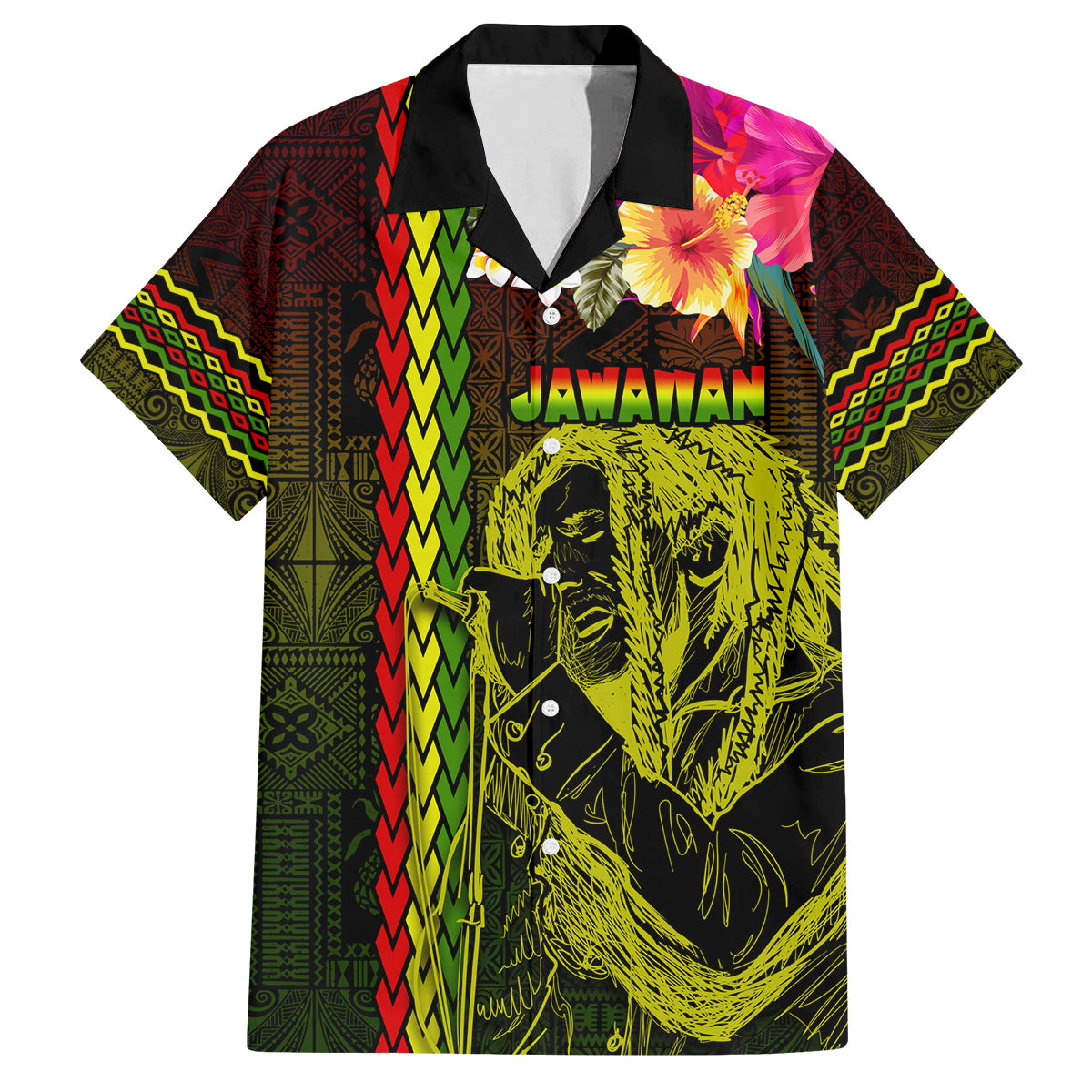 Hawaiian Reggae Music Family Matching Tank Maxi Dress and Hawaiian Shirt Jamaica Singer Tribal Polynesian and Hibiscus