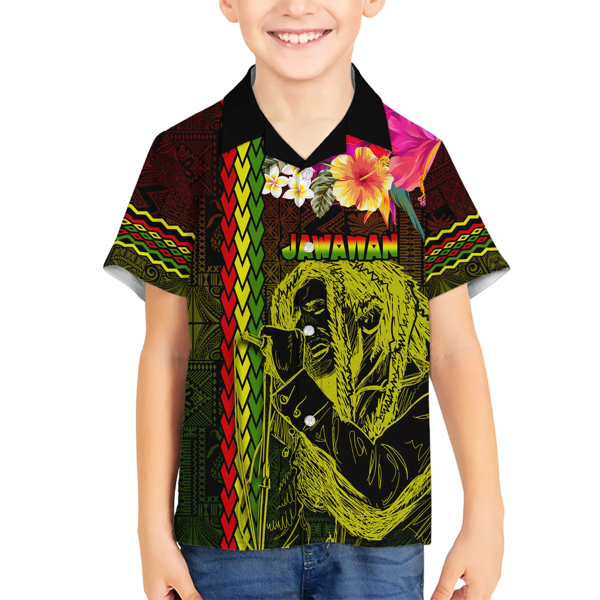 Hawaiian Reggae Music Kid Hawaiian Shirt Jamaica Singer Tribal Polynesian and Hibiscus
