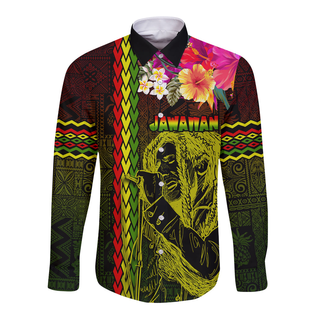 Hawaiian Reggae Music Long Sleeve Button Shirt Jamaica Singer Tribal Polynesian and Hibiscus