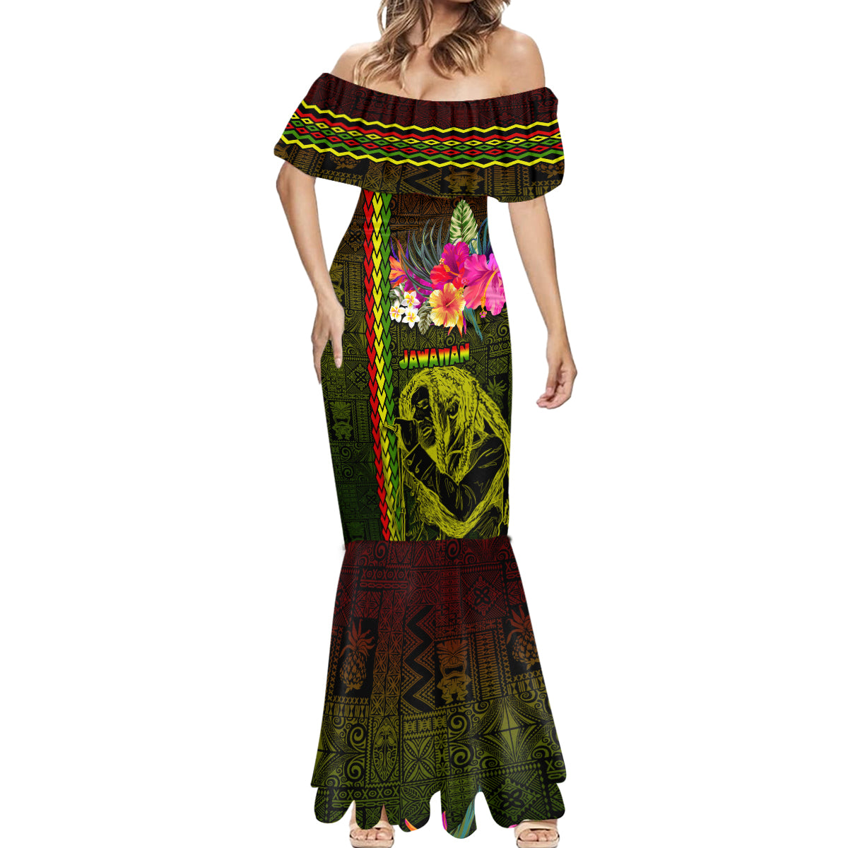 Hawaiian Reggae Music Mermaid Dress Jamaica Singer Tribal Polynesian and Hibiscus