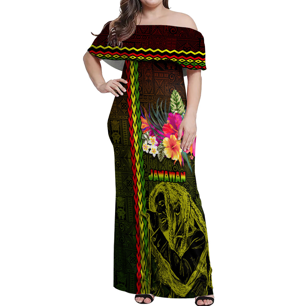 Hawaiian Reggae Music Off Shoulder Maxi Dress Jamaica Singer Tribal Polynesian and Hibiscus