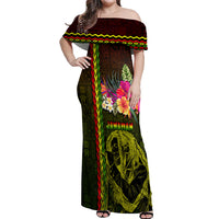 Hawaiian Reggae Music Off Shoulder Maxi Dress Jamaica Singer Tribal Polynesian and Hibiscus