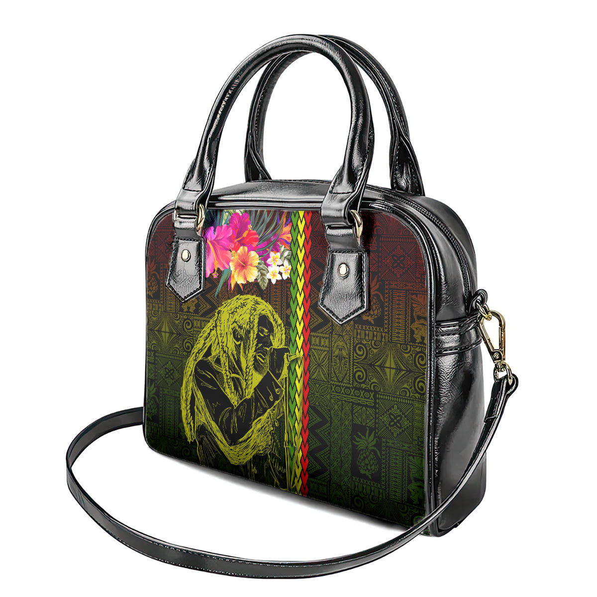 Hawaiian Reggae Music Shoulder Handbag Jamaica Singer Tribal Polynesian and Hibiscus