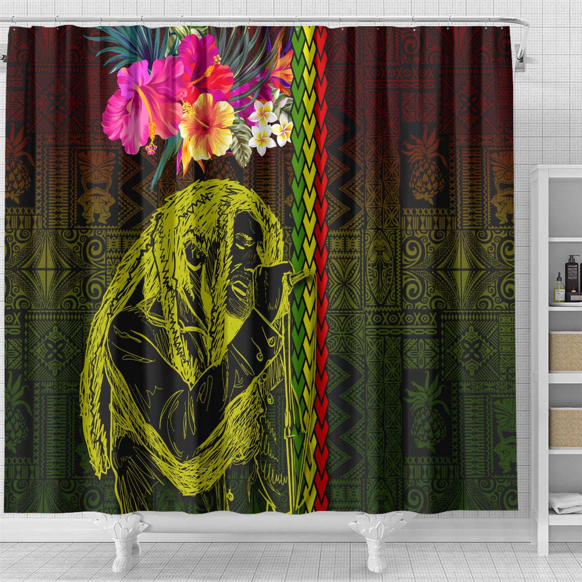 Hawaiian Reggae Music Shower Curtain Jamaica Singer Tribal Polynesian and Hibiscus