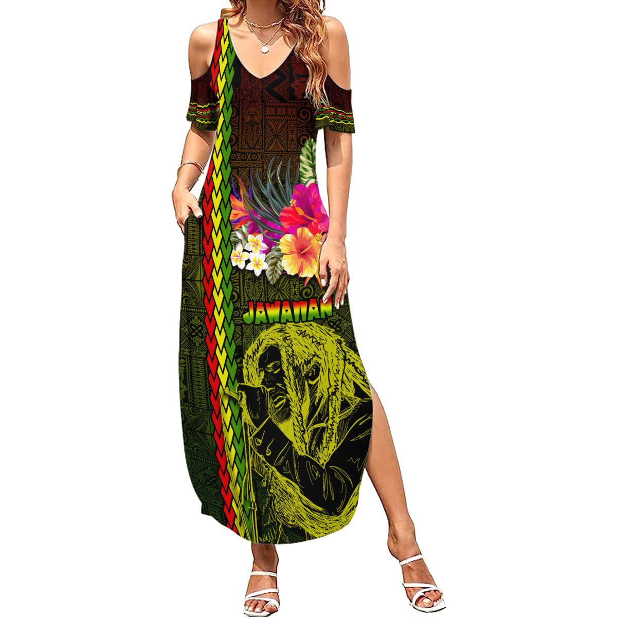 Hawaiian Reggae Music Summer Maxi Dress Jamaica Singer Tribal Polynesian and Hibiscus