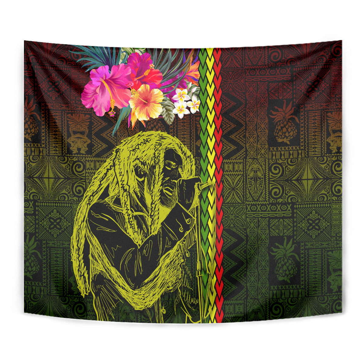 Hawaiian Reggae Music Tapestry Jamaica Singer Tribal Polynesian and Hibiscus