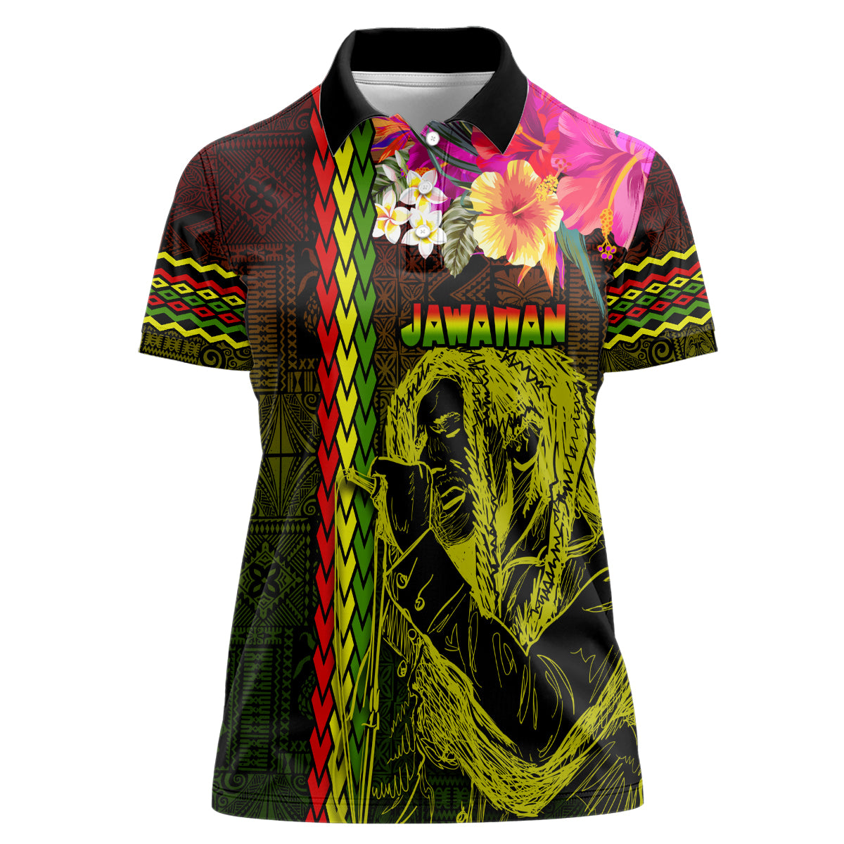 Hawaiian Reggae Music Women Polo Shirt Jamaica Singer Tribal Polynesian and Hibiscus LT03 Female Black - Polynesian Pride