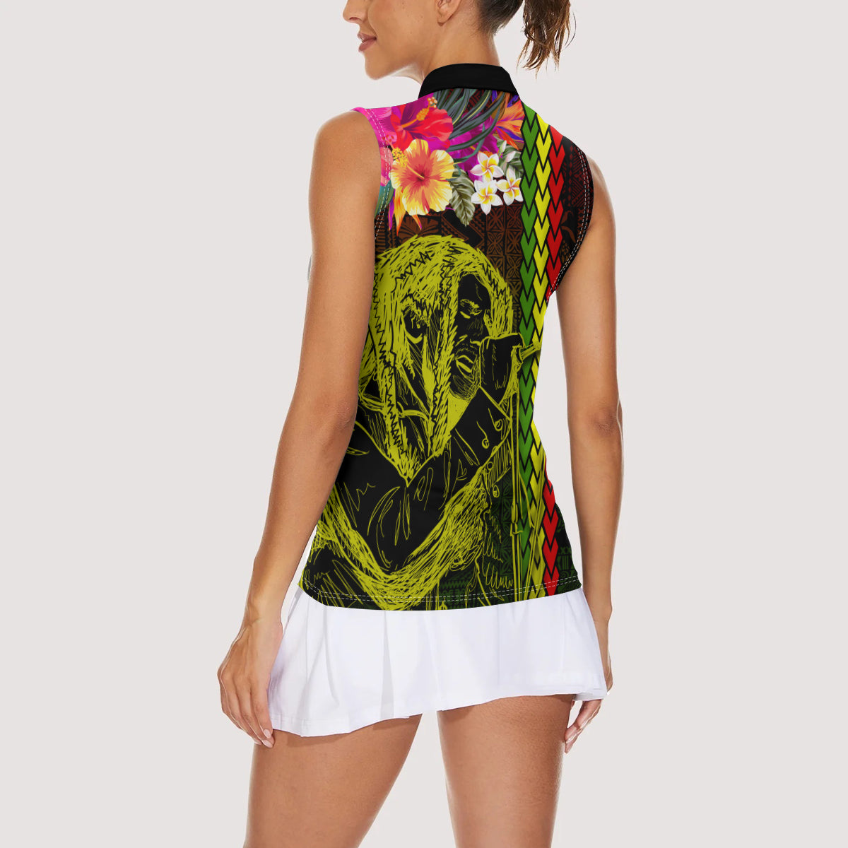 Hawaiian Reggae Music Women Sleeveless Polo Shirt Jamaica Singer Tribal Polynesian and Hibiscus LT03 - Polynesian Pride