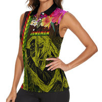 Hawaiian Reggae Music Women Sleeveless Polo Shirt Jamaica Singer Tribal Polynesian and Hibiscus LT03 - Polynesian Pride