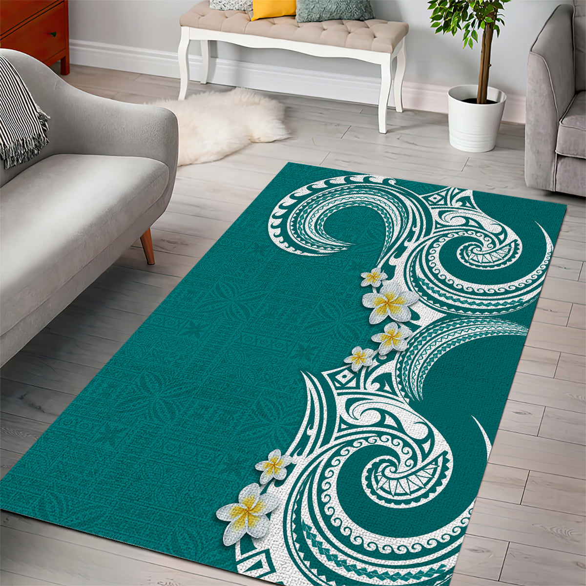 Aloha Polynesian Plumeria Flower Area Rug Teal Color