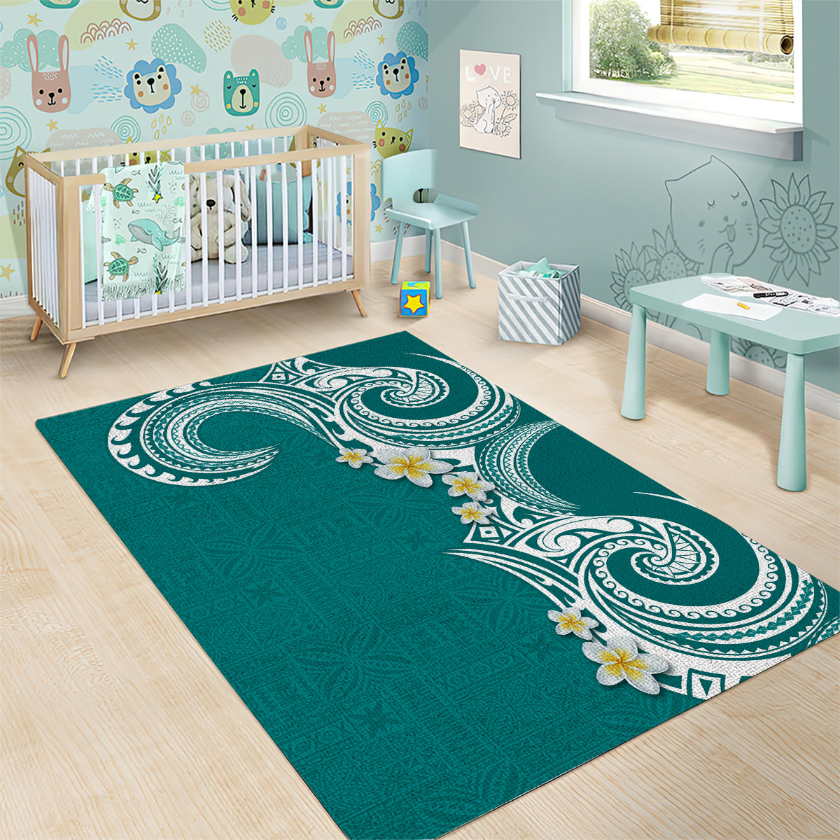 Aloha Polynesian Plumeria Flower Area Rug Teal Color
