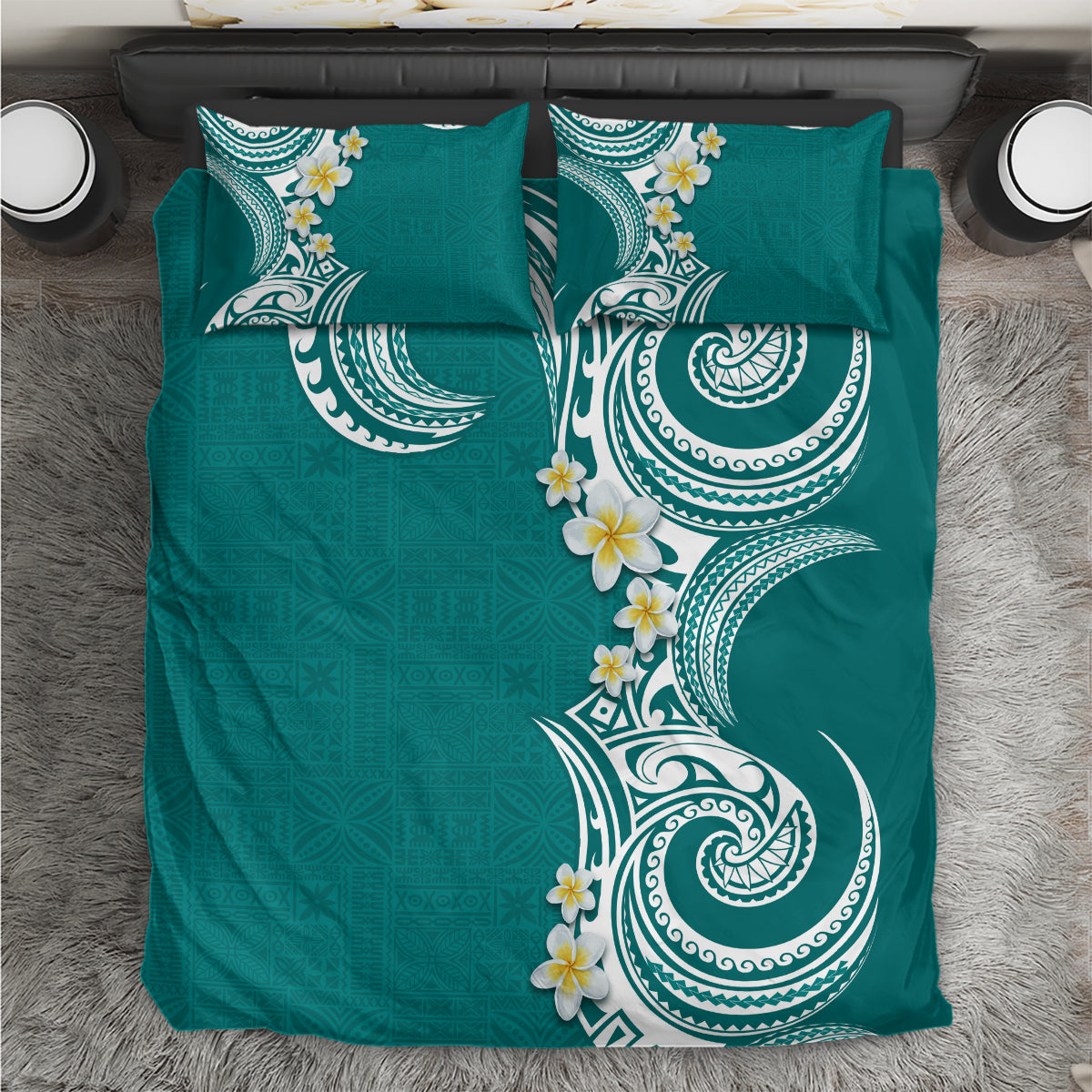 Aloha Polynesian Plumeria Flower Bedding Set Teal Color