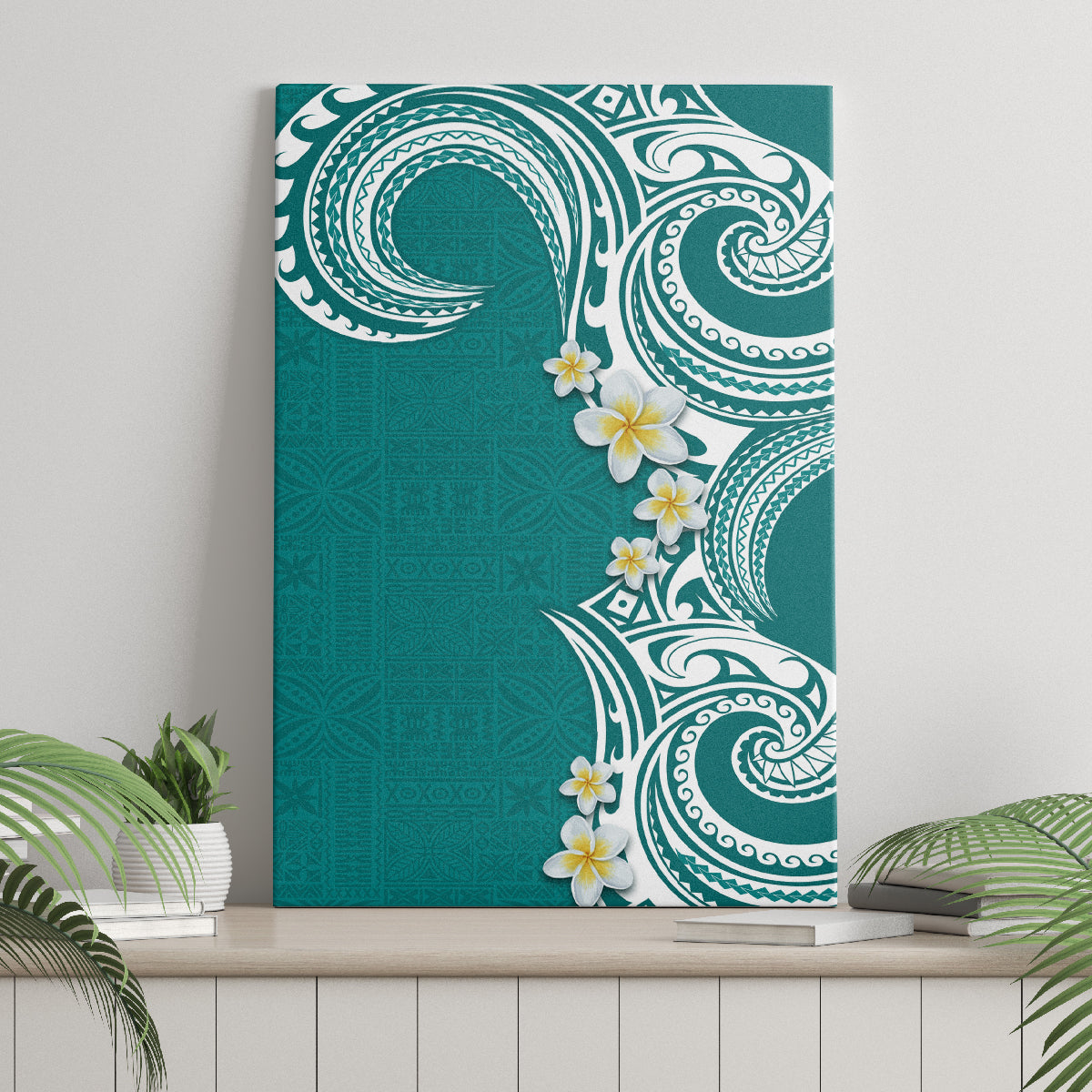 Aloha Polynesian Plumeria Flower Canvas Wall Art Teal Color