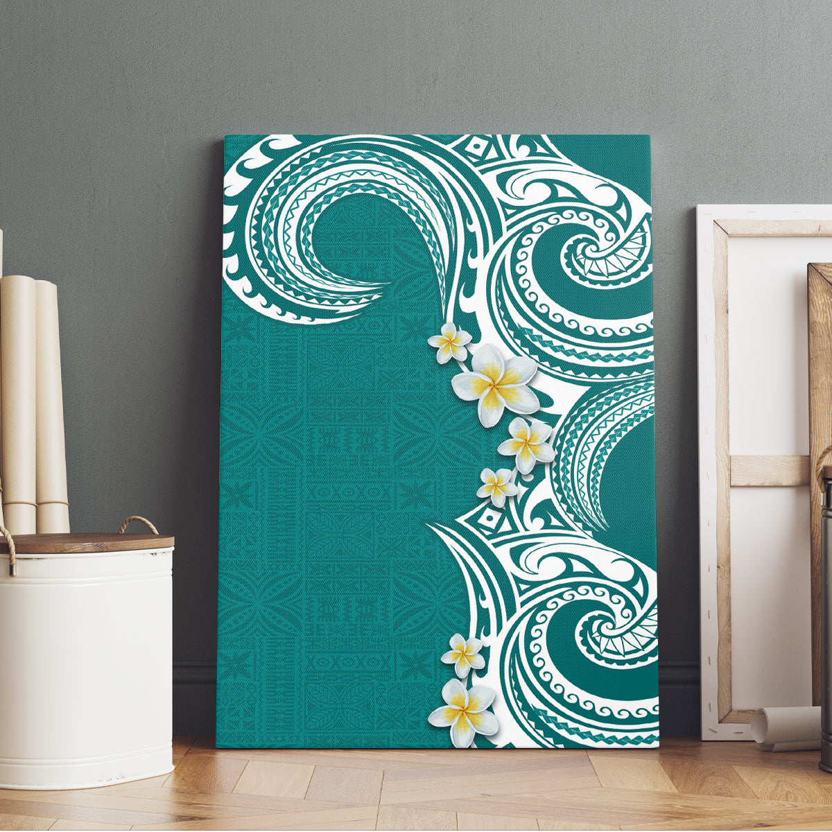 Aloha Polynesian Plumeria Flower Canvas Wall Art Teal Color