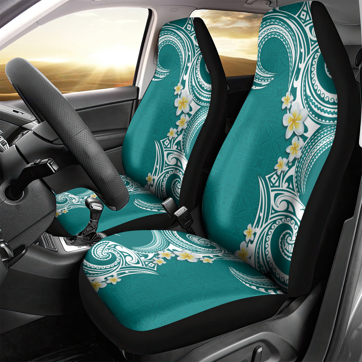 Aloha Polynesian Plumeria Flower Car Seat Cover Teal Color
