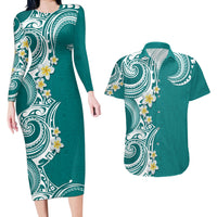 Aloha Polynesian Plumeria Flower Couples Matching Long Sleeve Bodycon Dress and Hawaiian Shirt Teal Color LT03 Teal - Polynesian Pride