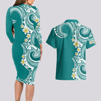 Aloha Polynesian Plumeria Flower Couples Matching Long Sleeve Bodycon Dress and Hawaiian Shirt Teal Color LT03 - Polynesian Pride