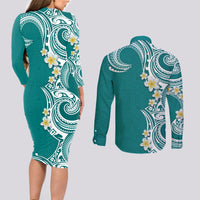 Aloha Polynesian Plumeria Flower Couples Matching Long Sleeve Bodycon Dress and Long Sleeve Button Shirt Teal Color